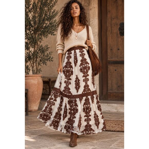 Altar'd State Dresses & Skirts - Altar'd State Arissa Floral Embroidered Maxi Skirt Ivory And Rust Brown Size XS
